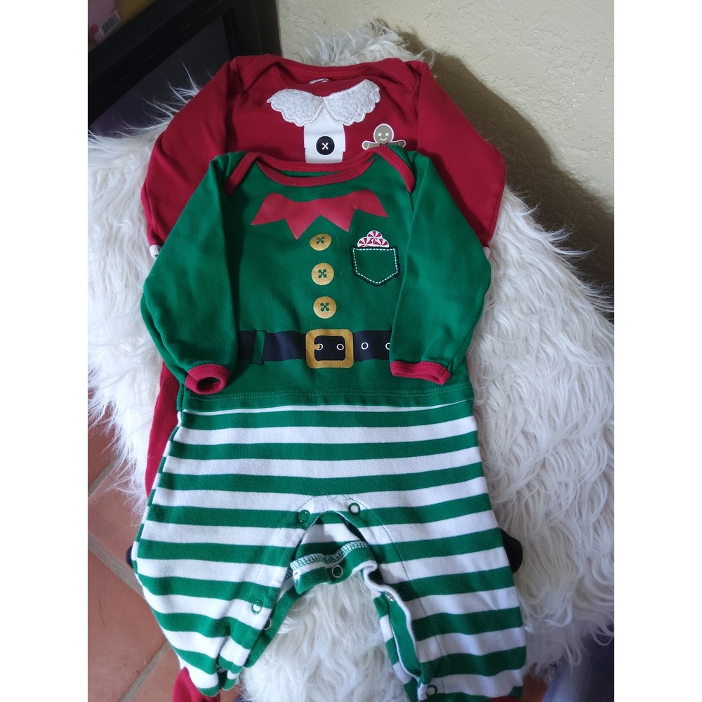 Holiday Time Baby Santa and Elf Footed Sleepers 2 Pack Red Green 6-9M